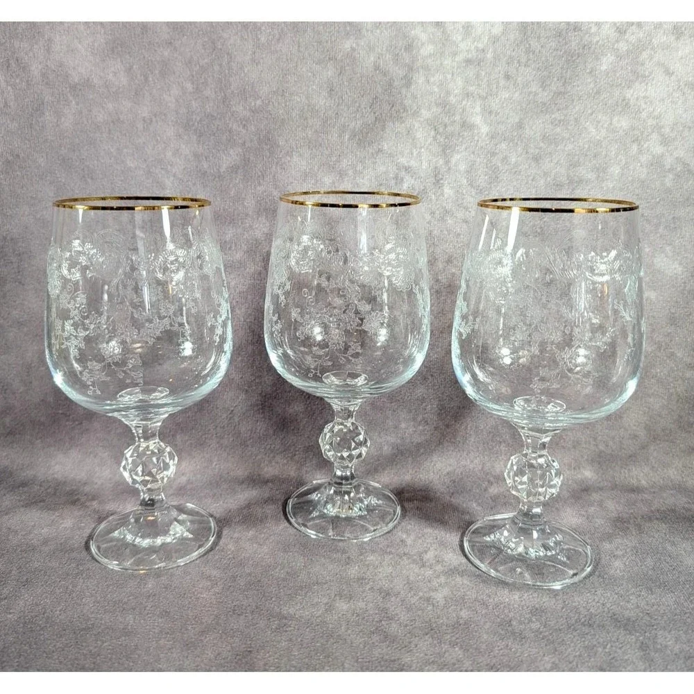Vintage Bohemia Queen's Lace Crystal Etched Wine/Water Goblets w/Gold Trim set 3
